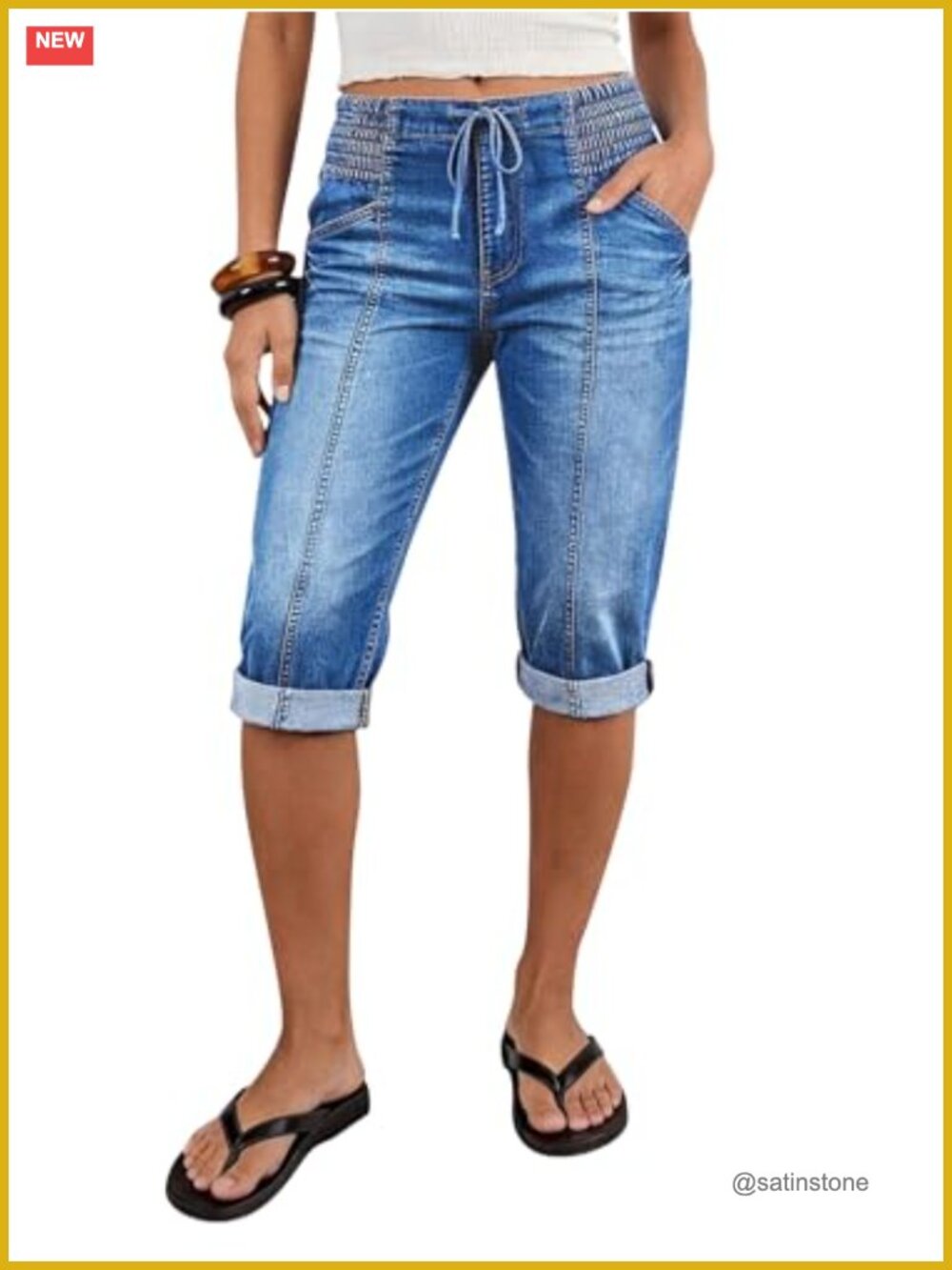 Mid Waist Skinny Capri Jeans Drawstring Roll Hem Shirred Stretchy Denim Pockets